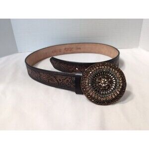 Cache BELT BROWN GENUINE LEATHER STUDDED MEDALLION BUCKLE WOMEN'S SZ SMALL 28-30